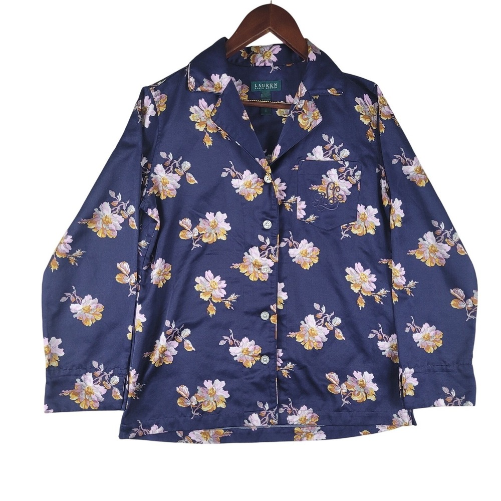 Lauren Ralph Lauren Top Women's Size Small Blue Navy Yellow Floral Sleepwear